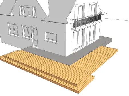 Terrasse en bois sur plots maçonnés avec une marche d'escalier