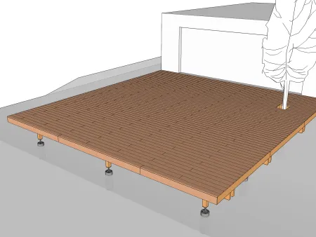Terrasse en bois rectangulaire sur pilotis sur un terrain en pente