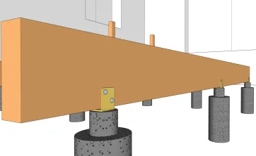 Détails des fixations des poutres porteuses sur les plots en béton