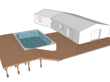 Terrasse en bois avec une structure mixte autour d'une piscine rectangulaire