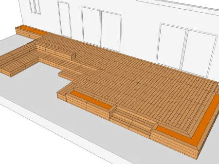 Terrasse en bois sur poutres porteuses avec des bancs et des jardinières