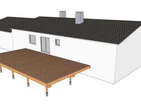 Terrasse en bois sur pilotis prenant appuie sur un bâtiment