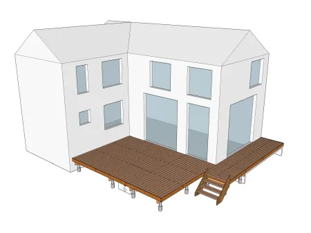 Terrasse en bois sur poutres porteuses et dalle en béton avec escalier