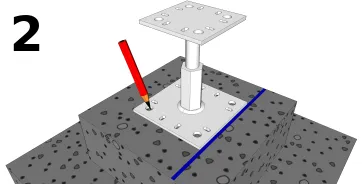 Marquage des emplacements des trous des pieds de poteaux sur les plots