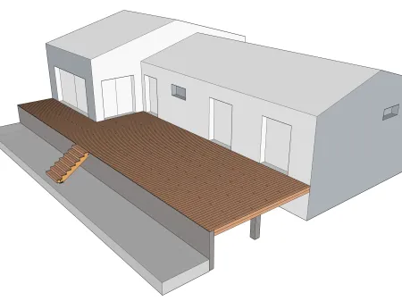 Terrasse en bois sur poutres porteuses et muret