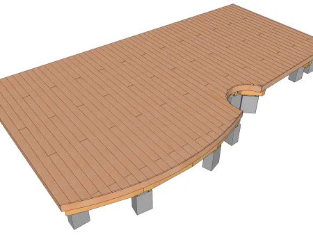 Terrasse en bois en courbe sur poutres porteuses
