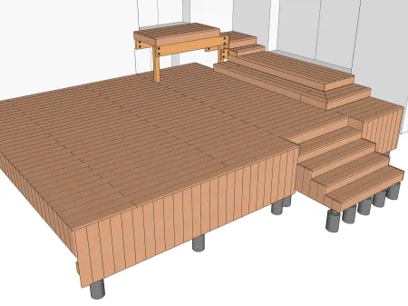 Terrasse en bois sur une structure mixte : poutres porteuses et pilotis + bandeaux verticaux