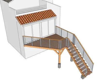 Terrasse en bois trapézoïdale sur pilotis avec escalier