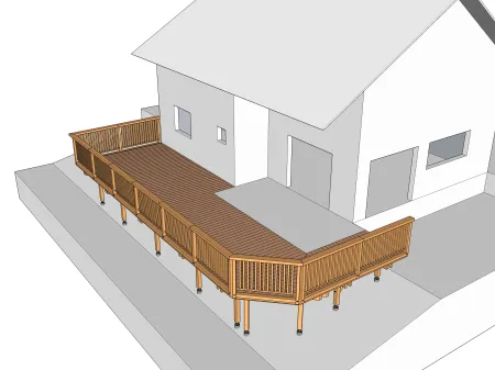 Terrasse en bois sur pilotis sur terrain en pente