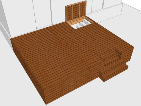 Terrasse sur poutres porteuses recouvrant un accès vers un sous sol + trappe