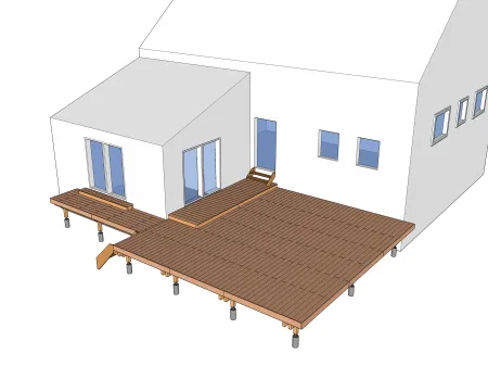 Terrasse en bois sur pilotis avec escalier