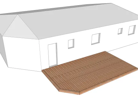Terrasse en bois ayant une forme de pentagone sur plots en béton