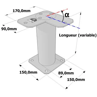 Poteau structurel OSP - D89mm - Platine haute en angle 90x170mm - Embase 150x150mm