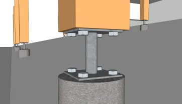 Détails des fixations des poteaux sur les plots en béton