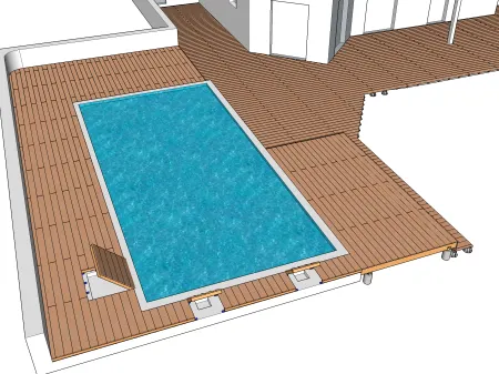 Terrasse en bois avec une structure hybride autour d'une piscine rectangulaire