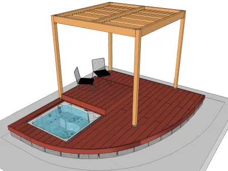 Terrasse en bois sur plots en béton en quart de cercle avec jacuzzi et pergola