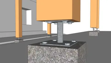 Détails des fixations des poteaux sur les plots en béton