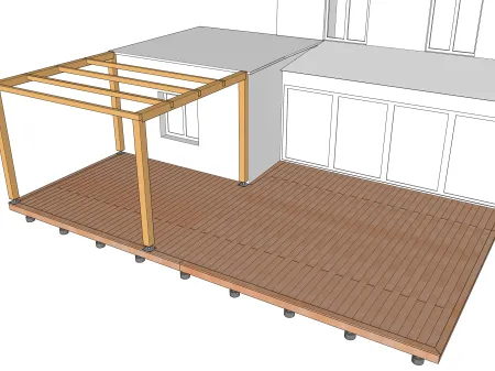 Terrasse en bois sur plots maçonnés avec une pergola