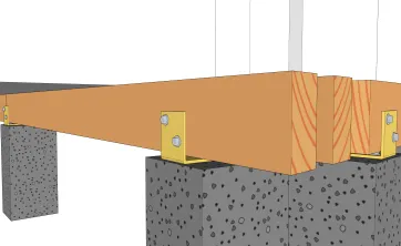 Détails des fixations des poutres porteuses sur les plots en béton