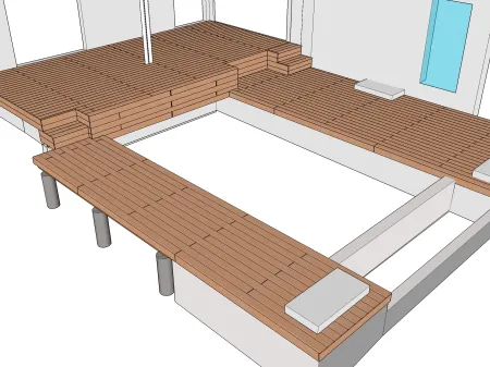 Terrasse en bois sur dalles béton + porte-à-faux et piscine