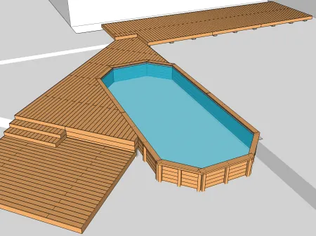 Terrasse en bois sur plots béton pour piscine bois, sur plusieurs niveaux