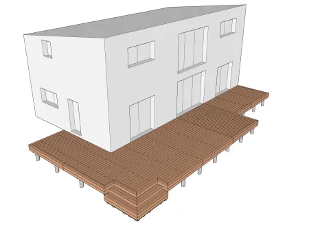 Terrasse en bois en équerre sur poutres porteuses avec un jeu d'escalier