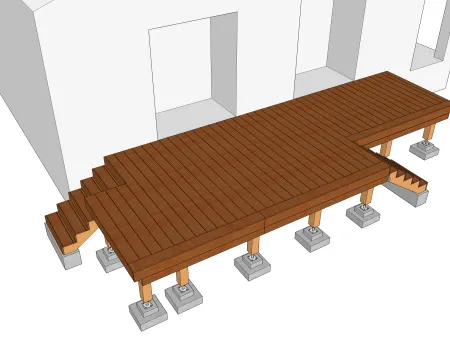 Terrasse en bois sur pilotis desservie par deux escaliers