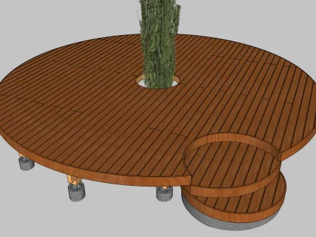 Terrasse en bois circulaire sur pilotis encerclant un cyprès