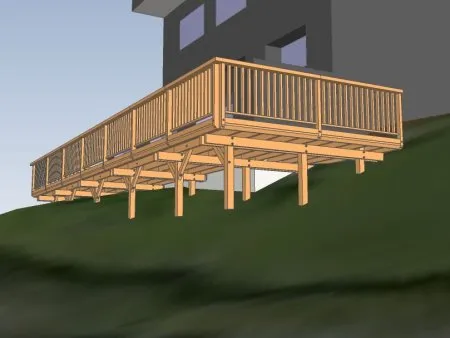 Terrasse sur pilotis : platelage perpendiculaire à la façade