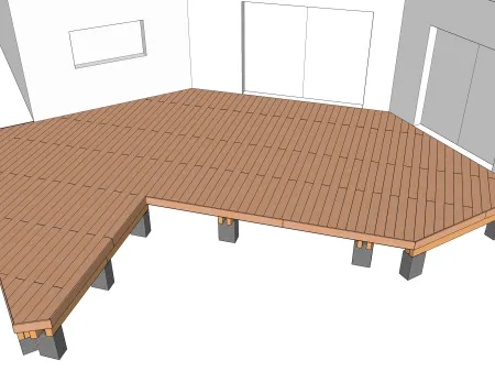 Terrasse en bois en forme de L sur poutres porteuses (avec méthode de calcul)