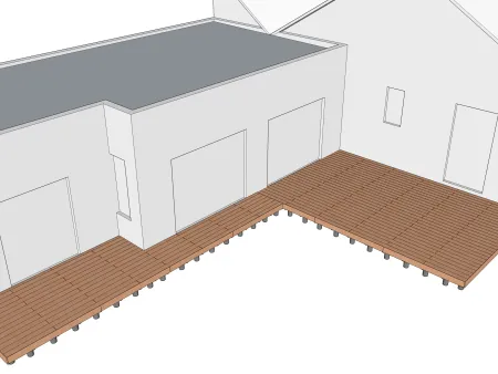 Terrasse en bois sur plots en béton avec des pieds de poteau réglables 