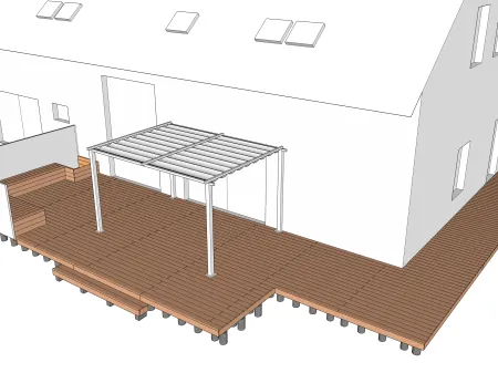 Terrasse en bois sur plots en béton + bancs et pergola