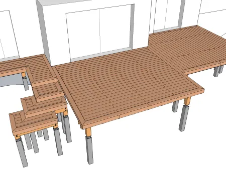 Terrasse en bois sur pilotis avec un jeu d'escaliers