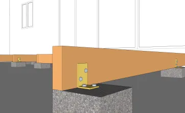 Détails des fixations des poutres porteuses sur les plots en béton