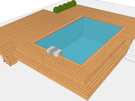 Terrasse bois autour d'une piscine en bois rectangulaire sur vis de fondation