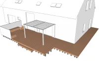 Vignette de l'article : Terrasse en bois sur plots en béton + bancs et pergola