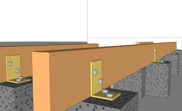 Détails des fixations des poutres porteuses sur les plots en béton
