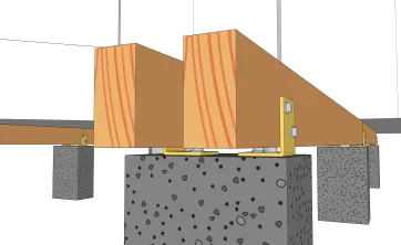 Détails des fixations des poutres porteuses sur les plots en béton