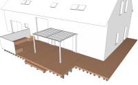 Terrasse en bois sur plots en béton + bancs et pergola