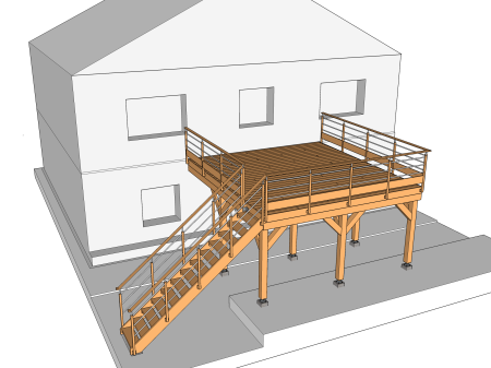Terrasse en bois rectangulaire sur pilotis avec escalier